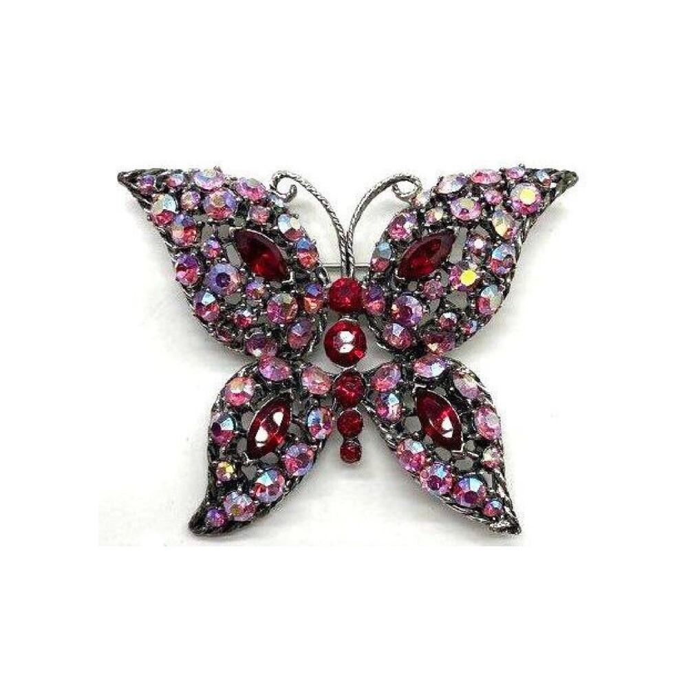Vintage Pink and Red Crystal Butterfly Brooch, 2.75" Wide